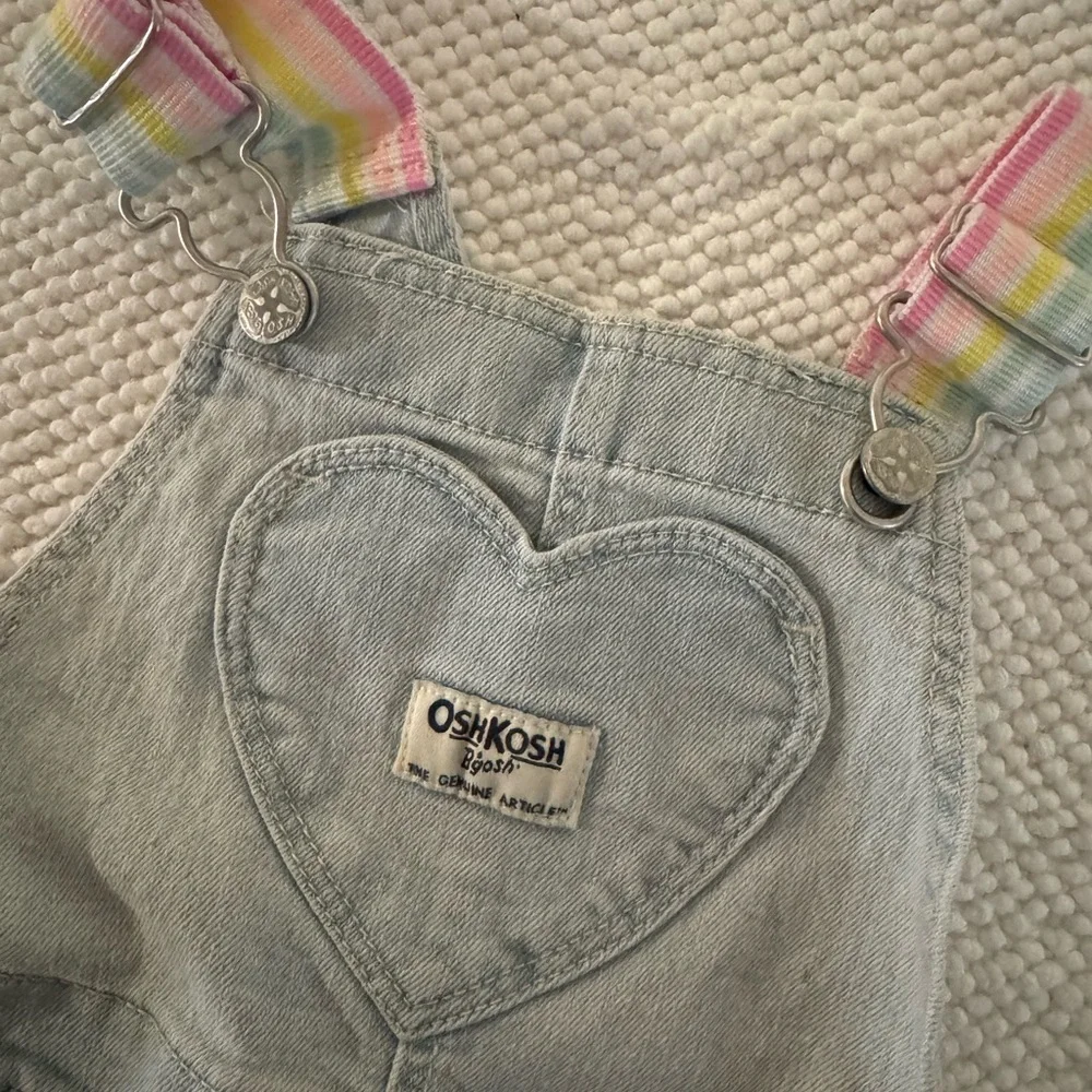 OshKosh B’gosh Denim Shortalls Heart Pocket Pastel Rainbow Straps 18M